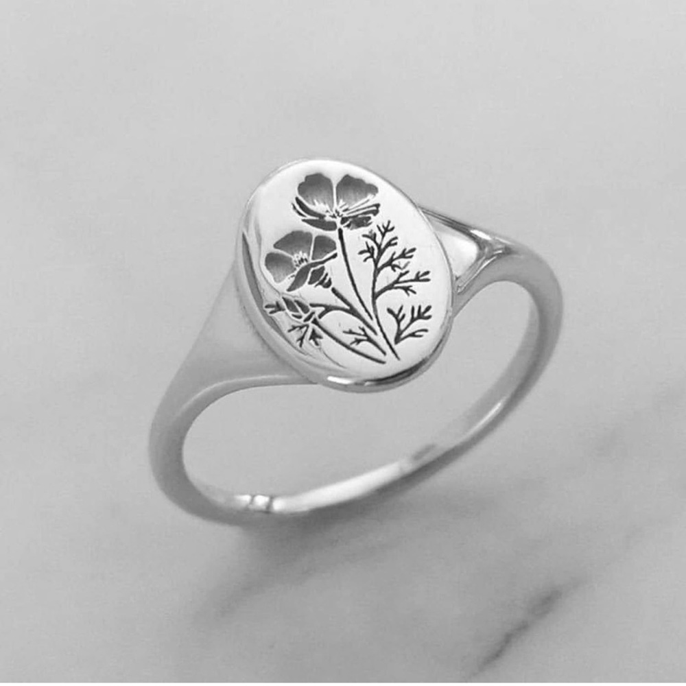 New Minimalist Bohemian Orchid Sterling Silver Signet Floral Engraved Ring - Picture 8 of 15